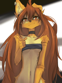 5_fingers anthro bandeau breasts brown_eyes brown_hair choker clothed clothed_anthro clothed_female clothing countershade_fur countershade_torso countershading female fingers front_view fur gesture hair hand_gesture jewelry long_hair looking_at_viewer navel necklace pointing smile solo tan_body tan_fur tattoo topwear tinygaypirate apogee_(tinygaypirate) canid canine canis domestic_dog mammal 2025 3:4 digital_media_(artwork) hi_res