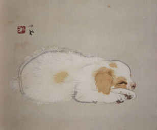 ambiguous_feral ambiguous_gender eyes_closed feral floppy_ears fur mottled pawpads paws piebald quadruped side_view simple_background sleeping solo tail tan_body tan_fur whiskers white_body white_fur young young_ambiguous young_feral takeuchi_seiho public_domain canid canine canis domestic_dog mammal 1935 20th_century ancient_art painting_(artwork) traditional_media_(artwork) traditional_painting_(artwork)