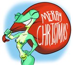 5_fingers anthro breasts female fingers green_body green_nipples happy holding_object holidays navel nipples non-mammal_nipples slim small_breasts smile solo teeth thick_thighs rubbish_chameleon christmas biphony_(rubbish_chameleon) amphibian frog hi_res