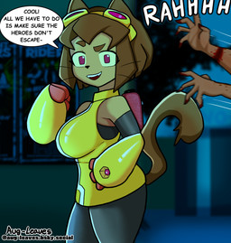 anthro big_breasts black_clothing black_leggings black_legwear black_nose breasts brown_hair clothing cybernetic_arm cybernetic_limb cybernetics eyewear eyewear_on_head female goggles goggles_on_head hair leggings legwear looking_at_viewer machine male male/female sharp_teeth tan_body teeth thick_thighs yellow_jumpsuit augmentedleaves gameoverse glitch_productions left_4_dead_(series) valve kit_bodega domestic_cat felid feline felis hunter_(left_4_dead) mammal absurd_res comic hi_res