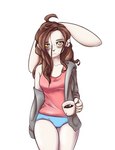 ahoge anthro beverage breasts brown_hair butt butt_from_the_front clothed clothing coffee coffee_mug eye_bags eyebrows eyelashes female freckles hair looking_at_viewer panties simple_background solo thigh_gap underwear white_background white_body yellow_eyes alasou alissa_(alasou) lagomorph leporid mammal rabbit 2021 digital_media_(artwork) hi_res