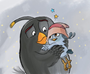 anthro beak black_body black_feathers blue_body blue_feathers brown_eyebrows clothing duo eyebrows feathers female feral grey_chest hat head_feathers headgear headwear hug male orange_beak pattern_clothing pattern_hat pattern_headgear pattern_headwear size_difference striped_clothing striped_hat striped_headgear striped_headwear stripes yellow_body yellow_feathers nesh-ars angry_birds angry_birds_stella rovio_entertainment sega the_angry_birds_movie bomb_(angry_birds) willow_(angry_birds) avian bird columbid common_loon crowned_pigeon loon pigeon