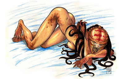 amber_eyes bed_sheet bedding breast_squish breasts butt claws dreadlocks female looking_at_viewer lying not_furry nude side_boob solo squish toe_claws predaguy predator_(franchise) kantra_(predaguy) alien humanoid yautja 2009 graphite_(artwork) traditional_media_(artwork)