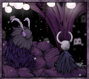 2_horns ambiguous_gender antennae_(anatomy) anthro black_body cloak clothed clothing duo fur horn lamp melee_weapon neck_tuft purple_eyes sitting tuft weapon cohavmuzar hollow_knight_(franchise) team_cherry seer_(hollow_knight) the_knight_(hollow_knight) arthropod insect lepidopteran moth vessel_(species) 2025 hi_res female_(lore)