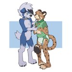 abstract_background anthro anthrofied biped blue_body blue_fur claws clean_diaper clothed clothing collar diaper eyes_closed featureless_crotch fur green_collar green_diaper green_eyes key markings pokemorph simple_background smile spots spotted_body spotted_fur toe_claws wearing_diaper foxehhyz nintendo pokemon aster_(lycangoop) fan_character ink_(lycangoop) canid canine cheetah felid feline generation_7_pokemon lycanroc mammal pokemon_(species) 2022 hi_res