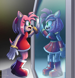 altered_reflection anthro bottomwear clothing dress duo female footwear gloves hand_on_mirror handwear looking_at_another looking_at_mirror looking_at_object machine mirror mirror_reflection open_mouth reflection shoes side_view simple_background skirt smile standing efraart_mix sega sonic_the_hedgehog_(series) amy_rose eulipotyphlan hedgehog mammal robot absurd_res hi_res