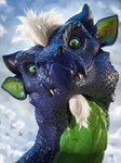 ambiguous_gender black_horn blue_body blue_scales chin_tuft detailed_scales facial_hair facial_tuft fangs feral front_view glistening glistening_eyes goatee green_body green_eyes green_inner_ear green_scales head_tuft horn long_ears looking_at_viewer mouth_closed scales solo teeth tuft khyaber mythology ambient_bird dragon mythological_creature mythological_scalie scalie 2023 3:4 dated detailed headshot_portrait hi_res portrait signature