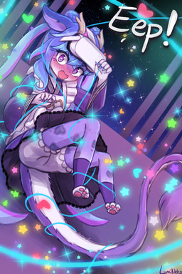 2_horns anthro apron biped bloomers blush blush_lines bottomwear claws clothed clothing countershade_face countershade_tail countershading cute_fangs dress embarrassed entangled fangs female hair heart_symbol horn inside looking_at_viewer night open_mouth pawpads purple_body purple_eyes purple_hair sky solo star starry_sky surprised tail tail_tuft teeth text tuft vr_headset white_body white_countershading window young young_anthro young_female lumineko mythology dragon eastern_dragon mythological_creature mythological_scalie scalie 2025 2:3 english_text