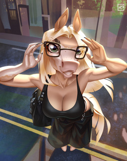 anthro black_clothing black_nail_polish black_nails blonde_hair breasts clothing colored_nails eyelashes eyewear female freckled_face freckles glass glasses green_eyes hair handbag high-angle_view long_eyelashes looking_at_viewer nails rectangular_glasses smile solo thong_straps holivi ambra_(zoffu) equid equine horse mammal absurd_res hi_res