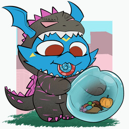 candy clothing costume dessert food gloves handwear male kairutenashi bandai_namco digimon fakemon godzilla_(series) mythology toho sven_the_giramon digimon_(species) dragon guilmon hybrid mythological_creature mythological_scalie reptile scalie veemon 1:1 animated