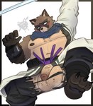 anthro balls big_balls blush bodily_fluids brown_body brown_fur clothed clothing fur genital_fluids genitals katana male melee_weapon musk nipples precum scarf solo sweat sword torn_clothing weapon bluedomstar epic_games fortnite hajime_(fortnite) canid canine mammal raccoon_dog tanuki absurd_res hi_res