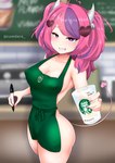 5_fingers accessory ahoge apron apron_only bell big_breasts blurred_background breasts butt cleavage clothed clothing collarbone colored_nails container cup dual_holding erect_nipples eyebrow_through_hair eyebrows eyelashes eyelashes_through_hair fangs female fingers glistening glistening_body glistening_skin green_apron green_clothing hair hair_accessory heart_ahoge heart_hair_accessory heart_symbol highlights_(coloring) holding_container holding_cup holding_marker holding_object holding_pen holding_writing_utensil horn inside jingle_bell long_hair looking_at_viewer marker mostly_nude multicolored_hair nails nipple_outline nipples not_furry parody pen pink_hair pink_nails pink_tail purple_eyes purple_hair sharp_nails simple_background smile smirk solo spade_tail tail teeth text thick_thighs tied_hair translucent translucent_hair two_tone_hair writing_utensil cumdare i_mean_breast_milk starbucks vshojo vtuber ironmouse demon horned_humanoid humanoid mammal english_text hi_res meme portrait three-quarter_portrait