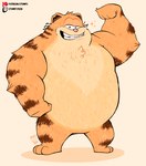 3_toes 4_fingers anthro belly biceps chest_tuft feet fingers flexing fur grin half-closed_eyes head_tuft looking_at_viewer male mature_anthro mature_male musclegut muscular muscular_anthro muscular_male narrowed_eyes notched_ear nude obese obese_anthro obese_male orange_body orange_fur overweight overweight_anthro overweight_male pink_nose shadow short_legs simple_background smile solo sparkles standing striped_body striped_fur stripes tan_background teeth text toes tuft whiskers stompsyeen garfield_(series) patreon sony_corporation sony_pictures the_garfield_movie_(2024) twitch.tv vic_(garfield) domestic_cat felid feline felis mammal 2023 absurd_res hi_res url watermark