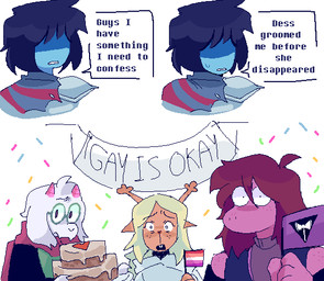 2_horns 3_panel_comic ambiguous_gender anthro antlers biped blonde_hair blue_body blue_hair blue_skin bodily_fluids brown_body brown_fur cake clothed clothing confession confetti dark_humor dessert eyewear female flag flag_(object) food fur glasses group hair heart_symbol holding_flag holding_object horn lesbian_pride_colors lgbt_pride male pink_body pink_hair pink_horn pink_scales pride_colors scales scard shadow_face shocked simple_background snout sweat sweatdrop talking_to_another text wearing_glasses white_background white_body white_fur wide_eyed worried maciemacchi deltarune undertale_(series) kris_dreemurr noelle_holiday ralsei susie_(deltarune) bovid caprine darkner deer goat human mammal new_world_deer scalie 2026 comic digital_drawing_(artwork) digital_media_(artwork) english_description english_text meme