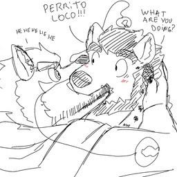 anthro barazoku beard bite blush body_hair clothed clothing curly_hair dialogue duo eye_contact facial_hair fangs fur hair hand_on_head hoodie laugh looking_at_another love male male/male markings mole_(marking) muscular muscular_anthro muscular_male neck_tuft pincers romantic romantic_couple spots spotted_body teeth text topwear tuft white_body white_fur zordykeaboo bruno_(brunohyena) keaboo canid canine canis domestic_dog hybrid hyena mammal spotted_hyena striped_hyena english_description english_text hi_res sketch spanish_description spanish_text