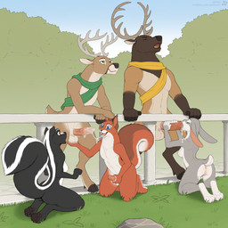anthro antlers balls black_body black_fur black_nose bodily_fluids bottomless breasts brown_body brown_fur butt clothed clothing cum cum_in_mouth cum_inside cum_on_breasts cum_on_face erection fellatio female fur genital_fluids genitals grey_body grey_fur group horn humanoid_genitalia humanoid_penis interspecies kneeling male male/female male/male nipples nude oral outdoor_nudity outside outside_sex penile penis sex tail white_body white_fur jishinu cervine deer elk lagomorph leporid mammal mephitid new_world_deer rabbit rodent sciurid skunk tree_squirrel white-tailed_deer 1:1 2025 hi_res
