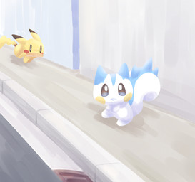 ambiguous_gender blush blush_stickers bodily_fluids bread buckteeth duo feral food looking_at_viewer outside running sweat teeth toast young nettsuu nintendo pokemon generation_1_pokemon generation_4_pokemon mammal pachirisu pikachu pokemon_(species) rodent sciurid 2018