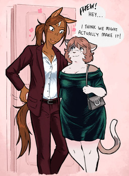 anthro blush brown_hair clothed clothing dialogue duo female female/female fluffy freckled_face freckles hair heart_symbol slightly_chubby slightly_chubby_female text saucypawpads pepper_(saucypawpads) whitney_(saucypawpads) calico_cat domestic_cat equid equine felid feline felis horse mammal comic english_text
