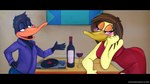 alcohol anthro beak beverage black_bars clothed clothing container cup drinking_glass duo female fully_clothed glass glass_container glass_cup male record_player talking_to_another wine wine_bottle wine_glass kersync looney_tunes the_looney_tunes_show warner_brothers daffy_duck tina_russo anatid anseriform avian bird duck 16:9 hi_res letterbox widescreen