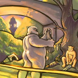 anthro balls beard blush bridge butt clothing duo erection facial_hair foreskin genitals male nipples nude overweight overweight_male penis plant public sunset tree underwear water blazingcheecks bear domestic_cat felid feline felis mammal 1:1 hi_res