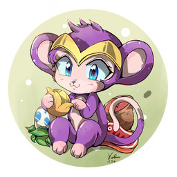 alternate_form black_nose blue_eyes blue_sclera female feral food fur purple_body purple_fur sitting smile solo toony nikoyosan shantae_(series) wayforward shantae_(monkey_form) haplorhine mammal monkey primate 1:1 2019 digital_drawing_(artwork) digital_media_(artwork) hi_res signature