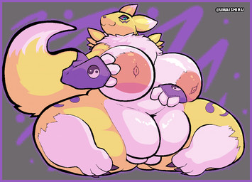 anthro areola armwear belly big_belly big_breasts black_sclera border breasts butt butt_from_the_front claws clothing deep_navel dipstick_tail elbow_gloves female front_view fur genitals gloves hand_on_belly hand_on_breast handwear huge_breasts huge_thighs markings mostly_nude multicolored_body multicolored_fur navel neck_tuft nipples obese obese_anthro obese_female overweight overweight_anthro overweight_female paws plump_labia purple_border purple_markings sitting smile solo spread_legs spreading tail tail_markings thick_thighs tuft two_tone_body two_tone_fur vulva white_body white_fur yellow_body yellow_fur umaishiru bandai_namco digimon canid canine digimon_(species) mammal renamon 2021 aliasing digital_media_(artwork)