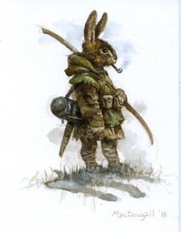 anthro bow_(weapon) brown_body brown_fur clothing dagger fur grass green_clothing looking_away male melee_weapon pipe_in_mouth plant ranged_weapon smoking_pipe solo standing weapon larry_macdougall lagomorph leporid mammal rabbit 2018 painting_(artwork) watercolor_(artwork)
