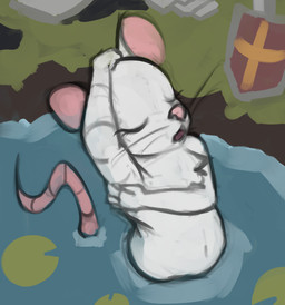 bathing chest_tuft eyes_closed female fur hairless_tail lily_pad partially_submerged pink_nose plant raised_arm shield solo tuft water white_body white_fur marsminer mattea_black house_mouse mammal mouse murid murine rodent flat_colors guide_lines half-length_portrait portrait