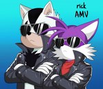 :< anthro black_body black_clothing black_fur black_nose black_shirt black_topwear black_tuft blue_background cheek_tuft chest_tuft clothed clothing countershade_face countershading crossed_arms duo eyewear facial_tuft fingers fur fur_tuft gradient_background jacket kerchief leather leather_clothing leather_jacket leather_topwear male neckerchief neckwear popped_collar purple_body purple_fur red_kerchief red_neckerchief shirt simple_background standing sunglasses tan_body tan_countershading tan_inner_ear topwear tuft white_body white_clothing white_countershading white_fur white_inner_ear white_tuft rick_lewd sega sonic_the_hedgehog_(series) fan_character sonic_the_hedgehog canid canine domestic_cat felid feline felis fox mammal digital_drawing_(artwork) digital_media_(artwork) hi_res