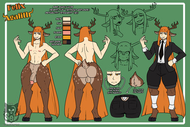 accessory antlers balls bodily_fluids brown_body brown_fur clothed clothing crotch_tuft cuffs_(clothing) eyelashes eyeshadow femboy freckled_face freckles fur genitals glistening_eyelids hair hime_cut hooves horn light_body light_skin long_eyelashes long_hair looking_down looking_up makeup male markings multicolored_body multicolored_fur necktie nervous nipples nude open_mouth orange_eyes orange_hair penis scut_tail short_tail smile smug smug_face smug_grin solo spots spotted_body spotted_fur spotted_hips spotted_legs spotted_thighs standing suit sweat sweatdrop tail text tuft two_tone_body two_tone_fur ventral_groove sevsartcave felix_agalith animal_humanoid deer deer_humanoid faun humanoid mammal mammal_humanoid absurd_res hi_res model_sheet