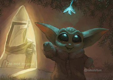 armor duo green_body green_skin happy headgear helmet male open_mouth raikoh-illust star_wars the_mandalorian din_djarin din_grogu human mammal yoda's_species