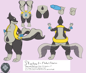 ambiguous_gender animal_genitalia anus balls belly big_anus butt fin fur genitals grey_body grey_fur intersex multi_tail navel overweight penis presenting presenting_anus presenting_hindquarters sheath simple_background skunk_tail slightly_chubby solo spread_anus spreading tail text thick_thighs vulva wide_hips snackers_(artist) nintendo pokemon fan_character skunkzel_(snackers) floatzel generation_4_pokemon hybrid mammal mephitid pokemon_(species) skunk absurd_res english_text hi_res model_sheet