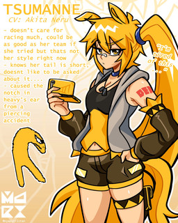 arm_tattoo armwear band-aid band-aid_on_face band-aid_on_nose bandage bandage_on_face bandage_on_nose blonde_hair blue_choker blue_jewelry blue_necklace bottomwear breasts brown_bottomwear brown_clothing brown_shorts choker cleavage clothed clothing description detached_sleeves female gradient_background hair hand_in_pocket hand_on_hip handheld_console holding_object jacket jewelry long_hair looking_at_viewer necklace open_clothing open_jacket open_topwear pockets ponytail shirt shorts side_ponytail simple_background skindentation solo tail tattoo text topwear yellow_eyes yellow_tail nyapurrlitan horse_race_tests vocaloid akita_neru animal_humanoid equid equid_humanoid equine equine_humanoid horse_humanoid humanoid mammal mammal_humanoid 4:5 absurd_res character_name crossover digital_drawing_(artwork) digital_media_(artwork) english_text hi_res