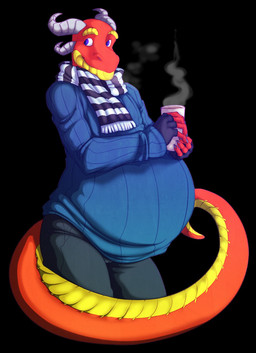 anthro belly beverage blue_eyes clothing coffee fingerless_gloves gloves handwear horn inflation male red_body scarf smile solo sweater tail topwear yellow_body the-narutoshi mythology bodbloat_(character) dragon mythological_creature mythological_scalie scalie hi_res story story_in_description