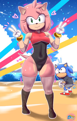 5_fingers alternate_costume alternate_form anthro anthrofied biped black_clothing black_leotard black_nose blush blush_lines boots closed_smile clothed clothed_anthro clothed_female clothing covered_navel double_v_sign duo emanata exclamation_point eyelashes female female_anthro female_focus fingers footwear fully_clothed fully_clothed_anthro fully_clothed_female gesture gesturing_at_viewer gloves green_eyes hair hand_gesture handwear heart_symbol iris legwear leotard looking_at_another looking_at_viewer male male/female motion_lines mouth_closed pink_body pink_hair pink_quills pupils quill_hair shoes short_hair skindentation sleeveless_shirt smile standing tail text thick_thighs thigh_highs v_sign wearing_gloves white_clothing white_gloves white_handwear wide_hipped_anthro wide_hipped_female wide_hips d-art sega sonic_the_hedgehog_(series) amy_rose sonic_the_hedgehog eulipotyphlan hedgehog mammal 2025 absurd_res artist_name full-length_portrait hi_res portrait