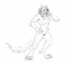 2015 anthro biped braided_hair charr claws dagos felid female flat_chested fur genitals guild_wars hair hand_on_hip horn line_art long_tail looking_at_viewer mammal monochrome nude pinup pose pussy scar simple_background solo standing tail toe_claws white_background