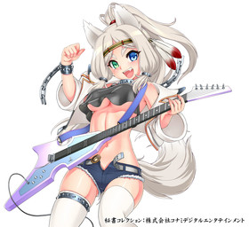 bare_shoulders belt bottomwear bracelet breasts chain clothed clothing collar crop_top electric_guitar fangs feathers female grey_hair guitar hair heterochromia jacket jewelry legwear long_hair looking_at_viewer midriff musical_instrument navel open_bottomwear open_clothing open_jacket open_mouth open_pants open_topwear pants partially_clothed playing_guitar playing_music plucked_string_instrument shirt shorts simple_background smile solo spiked_bracelet spiked_collar spikes string_instrument teeth thigh_highs thigh_strap topwear under_boob unzipped white_background white_clothing white_legwear zipper gochou flying_v gibson hisho_collection animal_humanoid canid canid_humanoid canine canine_humanoid canis humanoid mammal mammal_humanoid wolf wolf_humanoid hi_res