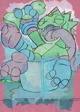 bucket clothing container facial_markings gloves green_body handwear head_markings holding_object male markings solo tongue tongue_out yogurtpubes bandai_namco digimon aquatic digimon_(species) fish gekkomon absurd_res hi_res