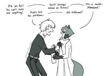 annoyed anthro argument belt bottle bottomwear brush butt casual_nudity clothed clothing container covering covering_another cute_fangs dark_clothing dark_hair dark_tail dialogue dipstick_hair dot_eyes duo eye_contact facial_markings fangs female frown gloves_(marking) hair hairbrush head_markings holding_bottle holding_brush holding_container holding_object holding_towel looking_at_another male markings mask_(marking) narrowed_eyes neck_scar nude nude_female one_fang open_frown open_mouth pants pointy_ears prick_ears simple_eyes soap_bottle tail talking_to_another teeth text towel towel_only puppetbomb brand_new_animal studio_trigger michiru_kagemori shirou_ogami canid canine human mammal raccoon_dog tanuki artist_name english_text monochrome