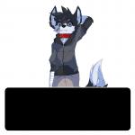 1:1 alpha_channel animated anthro bandage black_body black_fur blue_eyes canid canine clothing collar cute_fangs dialogue digital_media_(artwork) english_text fox fur hand_behind_head hi_res hoodie looking_at_viewer male mammal pixel_(artwork) pixel_animation short_playtime simple_background skaiahart solo text topwear transparent_background white_body white_fur