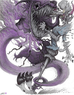 anthro duo fur male scared tongue toony white_body white_fur yagi_b._(artist) yagi_b. bovid caprine ghost goat mammal spirit character_request traditional_media_(artwork)