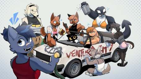 5_fingers accessory anthro arm_tuft athletic_wear big_breasts bikini black_body black_bottomwear black_clothing black_fur black_hairband black_shirt black_shorts black_tail black_tank_top black_topwear black_tuft blue_bottomwear blue_clothing blue_eyes blue_hair bottomwear breasts brown_body brown_fur brown_snout brown_tail bucket butt car car_wash cleavage clothed clothed_anthro clothing container crop_top curvy_figure denim denim_bottomwear denim_clothing denim_shorts dolphin_shorts ear_piercing expressions eye_obscured eye_scar eyes_closed eyewear facial_markings facial_scar female female_anthro fingers flip_flops floppy_ears folded_ears footwear fur glasses gradient_background graffiti green_eyes grey_body grey_fur grey_tuft group hair hand_on_steering_wheel happy head_markings head_tuft headband heart_symbol holding_bucket holding_container holding_object holding_rag hose jacket jewelry looking_at_viewer looking_back looking_down makeup markings multicolored_body multicolored_fur muscular muscular_female muzzle_(marking) open_clothing open_mouth open_shirt open_topwear orange_bikini_top pants partially_clothed piercing pink_bottomwear pink_clothing pink_shorts pink_tongue pointy_ears red_clothing red_shirt red_tank_top red_topwear sandals scar sharp_teeth shirt shoes short_hair shorts shoulder_tuft simple_background sitting slightly_chubby smile snout sponge sweatpants swimwear tail tan_body tan_bottomwear tan_clothing tan_fur tan_pants tan_sweatpants tan_tail tan_tuft tank_top teeth text tire tongue tongue_out topwear towel tuft two-piece_swimsuit vehicle water_hose wet white_background white_body white_car white_clothing white_fur white_shirt white_tank_top white_topwear white_tuft yellow_sclera conditional_dnp sonokido ventura_city_drifters alina_scratch brooklyn_gardner diana_okoro emily_lang lucy_adams michelle_kheang riley_evans rose_naire violet_naire aquatic border_collie canid canine canis cetacean collie dolphin domestic_cat domestic_dog felid feline felis fennec_fox fox german_shepherd herding_dog hyena lagomorph mammal oceanic_dolphin orca pastoral_dog sheepdog striped_hyena toothed_whale true_fox 2025 absurd_res digital_drawing_(artwork) digital_media_(artwork) english_description english_text hi_res shaded