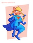 anthro belt blonde_hair blue_clothing boots breasts cloak clothed clothing female footwear gloves hair handwear nipple_outline pink_body shoes skinsuit solo superhero superhero_costume thick_thighs tight_clothing sr_empanada the_pork_squad danish_(the_pork_squad) mammal suina