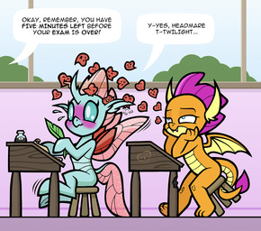 blue_eyes blush classroom dialogue duo female heart_symbol inside school tail text wings toonbat friendship_is_magic hasbro my_little_pony mythology ocellus_(mlp) smolder_(mlp) arthropod changeling_(mlp) dragon mythological_creature mythological_scalie scalie 2019 english_text
