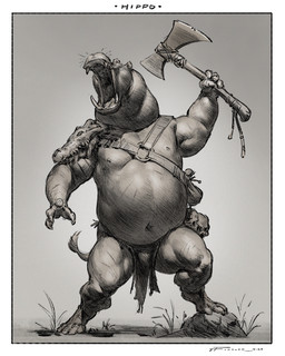 anthro axe bottomwear claws clothed clothing holding_axe holding_object loincloth male navel nipples open_mouth overweight overweight_anthro overweight_male sharp_teeth simple_background solo standing teeth topless taran_fiddler common_hippopotamus hippopotamid mammal werecreature 2020 4:5 digital_media_(artwork) greyscale hi_res monochrome