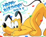 anniversary black_ears black_eyes black_nose collar confetti feral happy_birthday looking_at_viewer quadruped red_collar simple_background solo white_background yellow_body harara disney pluto_(disney) canid canine canis domestic_dog mammal 2021 hi_res signature