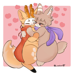 anthro antlers blush brown_body brown_fur cape clothing duo fur heart_symbol hooves horn hug male male/male mask scarf mohuri fabulous_beasts sibuxiang_the_deer_(fabulous_beasts) tuye_(fabulous_beasts) deer lagomorph leporid mammal rabbit 1:1 hi_res