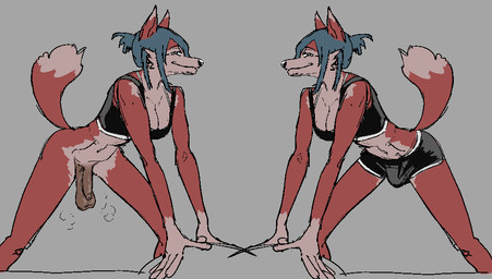 anthro balls blue_hair bottomless bottomless_gynomorph bottomless_intersex bottomwear breasts brown_body bulge cleavage clothed clothing crop_top flaccid foreskin genitals grin gynomorph hair intersex long_foreskin musk penis ponytail saggy_balls shirt shorts smile solo tail topwear unretracted_foreskin hieronymusjohnson canid canine mammal aliasing binary_drawing digital_drawing_(artwork) digital_media_(artwork)