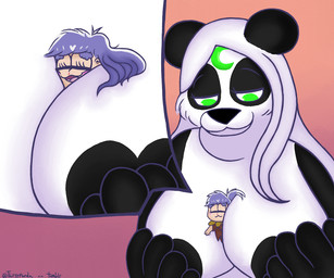 alternate_species anime_nosebleed anthro black_body black_fur black_nose blood blush bodily_fluids breast_play breast_squish breasts clothed clothing duo eyebrows eyelashes eyes_closed female feral fur fur_markings green_eyes hair hand_on_breast happy humanoid_on_anthro looking_at_another looking_down macro male male/female markings micro nosebleed open_mouth purple_hair round_ears selfship simple_background slightly_chubby smile squish white_body white_fur white_hair lunarpanda8686 mr._osomatsu mythology ichimatsu_matsuno mika_(lunarpanda8686) bear fairy giant_panda humanoid mammal mythological_creature ursine 6:5 digital_media_(artwork)