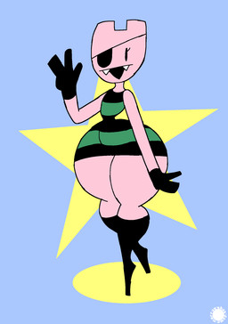 anthro boots clothing curvy_figure eye_patch eyelashes eyewear fangs femboy footwear geometric_background gloves handwear knee_boots knee_highs legwear logo male pattern_clothing pattern_shirt pattern_topwear pink_body shirt shoes simple_background small_waist solo striped_clothing striped_shirt striped_topwear stripes teeth text thick_thighs topwear wasp_waist wide_hips thatdawgmurray pigfork_(thatdawgmurray) unknown_species aliasing artist_logo artist_name digital_media_(artwork) hi_res signature